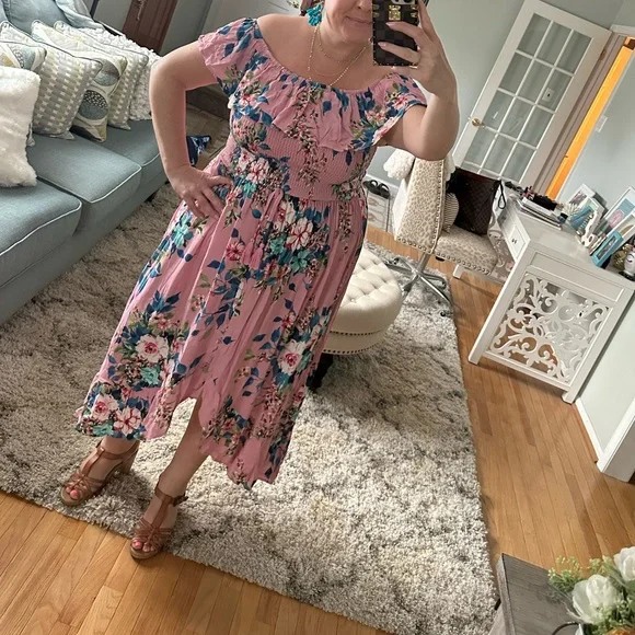 xhilaration off shoulder dress Xhilaration Off Shoulder Floral Shift Dress Long Sleeve Pink/Multi Size XL